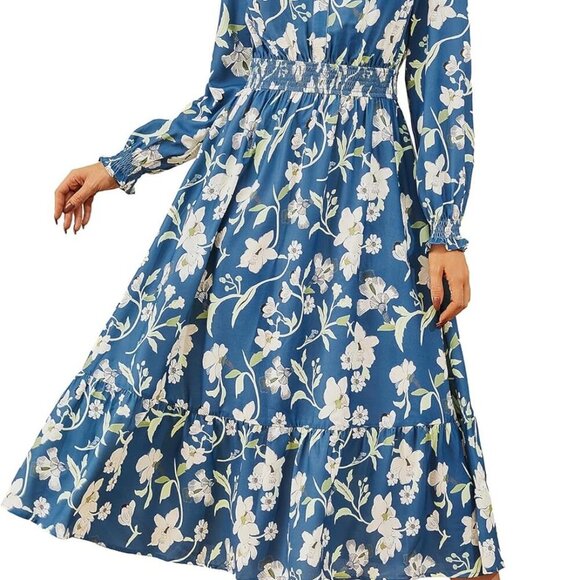 Dresses & Skirts - Women's Floral Midi Dress Long Sleeve V-Neck A-Line Pockets Casual Fall